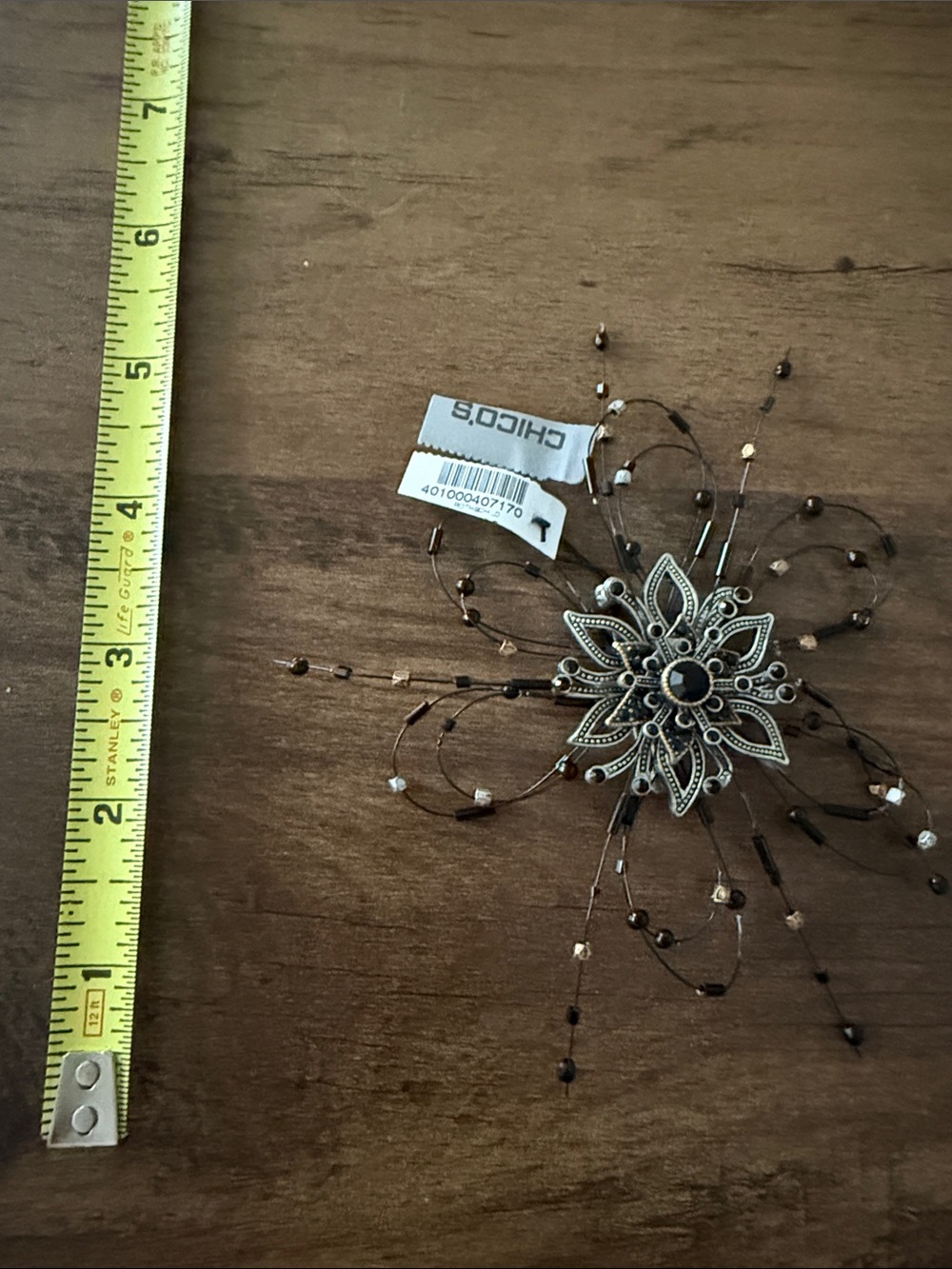 Chico's Antique Silver-Tone Floral Bead Burst Brooch with Black Center